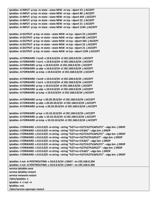 iptables -A INPUT -p tcp -m state --state NEW -m tcp --dport 53 -j ACCEPT
iptables -A INPUT -p tcp -m state --state NEW -m tcp --dport 80 -j ACCEPT
iptables -A INPUT -p tcp -m state --state NEW -m tcp --dport 443 -j ACCEPT
iptables -A INPUT -p tcp -m state --state NEW -m tcp --dport 22 -j ACCEPT
iptables -A INPUT -p tcp -m state --state NEW -m tcp --dport 21 -j ACCEPT
iptables -A INPUT -p tcp -m state --state NEW -m tcp --dport 1194 -j ACCEPT
iptables -A OUTPUT -p tcp -m state --state NEW -m tcp --dport 53 -j ACCEPT
iptables -A OUTPUT -p tcp -m state --state NEW -m tcp --dport 80 -j ACCEPT
iptables -A OUTPUT -p tcp -m state --state NEW -m tcp --dport 443 -j ACCEPT
iptables -A OUTPUT -p tcp -m state --state NEW -m tcp --dport 22 -j ACCEPT
iptables -A OUTPUT -p tcp -m state --state NEW -m tcp --dport 21 -j ACCEPT
iptables -A OUTPUT -p tcp -m state --state NEW -m tcp --dport 1194 -j ACCEPT
iptables -A FORWARD -i tun0 -s 10.8.0.0/24 -d 192.168.0.0/24 -j ACCEPT
iptables -A FORWARD -i tun1 -s 10.8.0.0/24 -d 192.168.0.0/24 -j ACCEPT
iptables -A FORWARD -p tcp -s 10.8.0.0/24 -d 192.168.0.0/24 -j ACCEPT
iptables -A FORWARD -p udp -s 10.8.0.0/24 -d 192.168.0.0/24 -j ACCEPT
iptables -A FORWARD -p icmp -s 10.8.0.0/24 -d 192.168.0.0/24 -j ACCEPT
iptables -A FORWARD -i tun0 -s 10.0.0.0/24 -d 192.168.0.0/24 -j ACCEPT
iptables -A FORWARD -i tun1 -s 10.0.0.0/24 -d 192.168.0.0/24 -j ACCEPT
iptables -A FORWARD -p tcp -s 10.0.0.0/24 -d 192.168.0.0/24 -j ACCEPT
iptables -A FORWARD -p udp -s 10.0.0.0/24 -d 192.168.0.0/24 -j ACCEPT
iptables -A FORWARD -p icmp -s 10.0.0.0/24 -d 192.168.0.0/24 -j ACCEPT
iptables -A FORWARD -p tcp -s 20.20.20.0/24 -d 192.168.0.0/24 -j ACCEPT
iptables -A FORWARD -p udp -s 20.20.20.0/24 -d 192.168.0.0/24 -j ACCEPT
iptables -A FORWARD -p icmp -s 20.20.20.0/24 -d 192.168.0.0/24 -j ACCEPT
iptables -A FORWARD -p tcp -s 10.10.10.0/24 -d 192.168.0.0/24 -j ACCEPT
iptables -A FORWARD -p udp -s 10.10.10.0/24 -d 192.168.0.0/24 -j ACCEPT
iptables -A FORWARD -p icmp -s 10.10.10.0/24 -d 192.168.0.0/24 -j ACCEPT
iptables -I FORWARD -s 0.0.0.0/0 -m string --string “%27+or+%271%27%3d%271” --algo bm -j DROP
iptables -I FORWARD -s 0.0.0.0/0 -m string --string “%27+or+1%3d1” --algo bm -j DROP
iptables -I FORWARD -s 0.0.0.0/0 -m string --string “%27+or+%271%27%3d%271” --algo bm -j DROP
iptables -I FORWARD -s 0.0.0.0/0 -m string --string “%27+or+%27%27%3d%27” --algo bm -j DROP
iptables -I FORWARD -s 0.0.0.0/0 -m string --string “%27+or+1%3d1” --algo bm -j DROP
iptables -I FORWARD -s 0.0.0.0/0 -m string --string “%27+or+%271%27%3d%271” --algo bm -j DROP
iptables -I FORWARD -s 0.0.0.0/0 -m string --string “%27+or+%27%27%3d%27” --algo bm -j DROP
iptables -I FORWARD -s 0.0.0.0/0 -m string --string “%27+or+1%3d1” --algo bm -j DROP
iptables -I FORWARD -s 0.0.0.0/0 -m string --string “%27+or+%271%27%3d%271” --algo bm -j DROP
iptables -t nat -A POSTROUTING -s 10.8.0.0/24 -j SNAT --to 192.168.0.204
iptables -t nat -A POSTROUTING -s 10.0.0.0/24 -j SNAT --to 192.168.0.204
service iptables save
service iptables restart
service network restart
/sbin/iptables -L
iptables -L -t nat –n
iptables -vnL
/sbin/service openvpn restart
 
