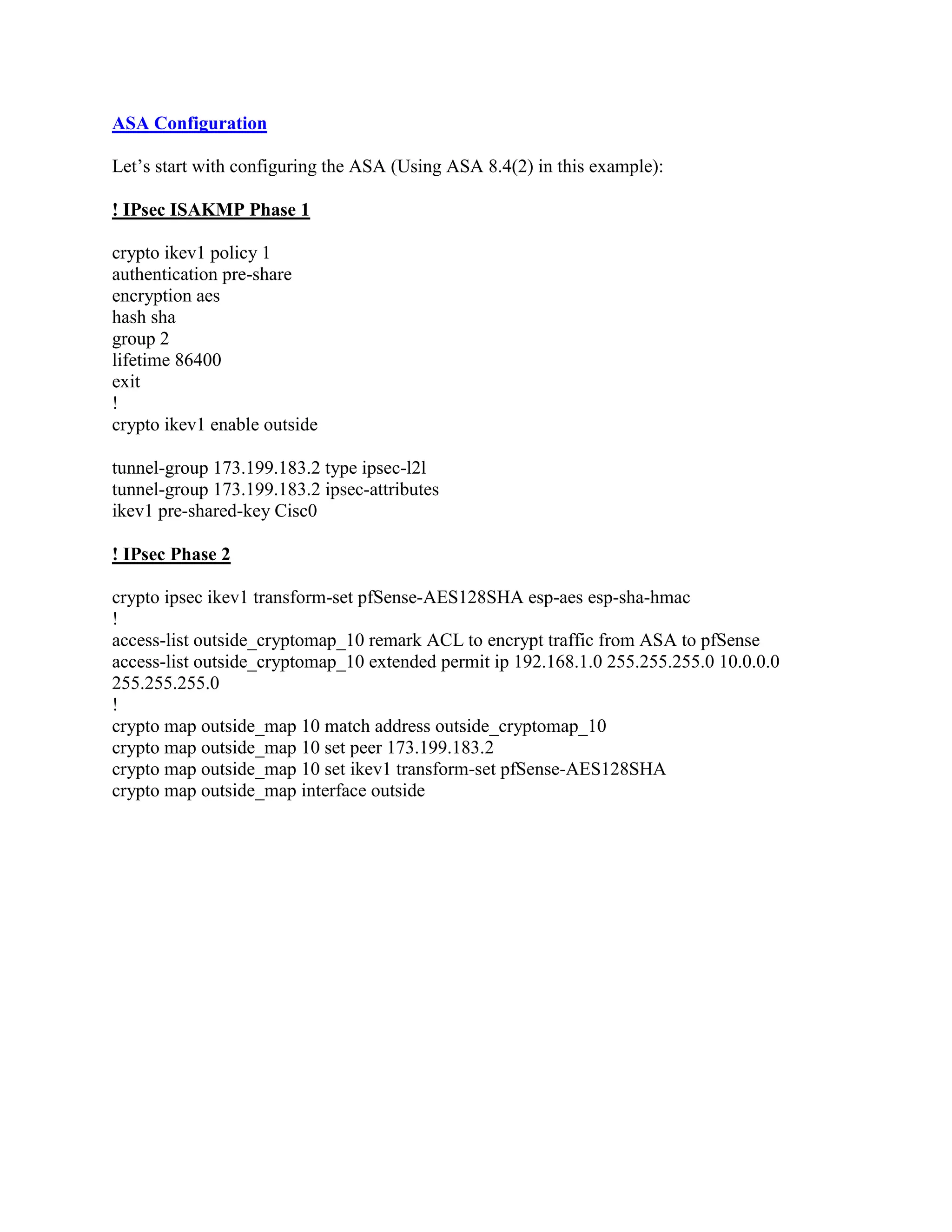 Site-to-Site IPSEC VPN Between Cisco ASA and Pfsense | PDF