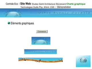 Centrale Eco  /  Site Web   Etudes Gantt Architecture Storyboard  Charte graphique  Technologies Outils Php, Xhtml, CSS   /  Démonstration Eléments graphiques 
