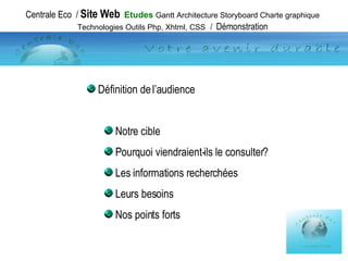 Centrale Eco  /  Site Web   Etudes   Gantt Architecture Storyboard Charte graphique Technologies Outils Php, Xhtml, CSS   /  Démonstration Définition de l’audience Notre cible Pourquoi viendraient-ils le consulter? Les informations recherchées Leurs besoins Nos points forts 