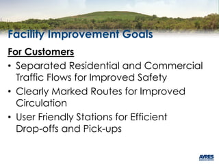 Facility Improvement Goals
For Customers
• Separated Residential and Commercial
Traffic Flows for Improved Safety
• Clearly Marked Routes for Improved
Circulation
• User Friendly Stations for Efficient
Drop-offs and Pick-ups
 