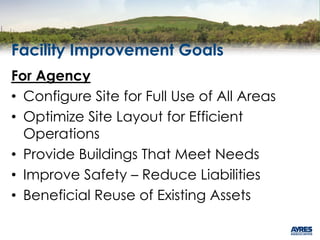 Facility Improvement Goals
For Agency
• Configure Site for Full Use of All Areas
• Optimize Site Layout for Efficient
Operations
• Provide Buildings That Meet Needs
• Improve Safety – Reduce Liabilities
• Beneficial Reuse of Existing Assets
 