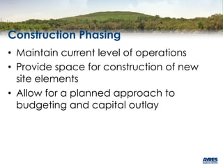 Construction Phasing
• Maintain current level of operations
• Provide space for construction of new
site elements
• Allow for a planned approach to
budgeting and capital outlay
 