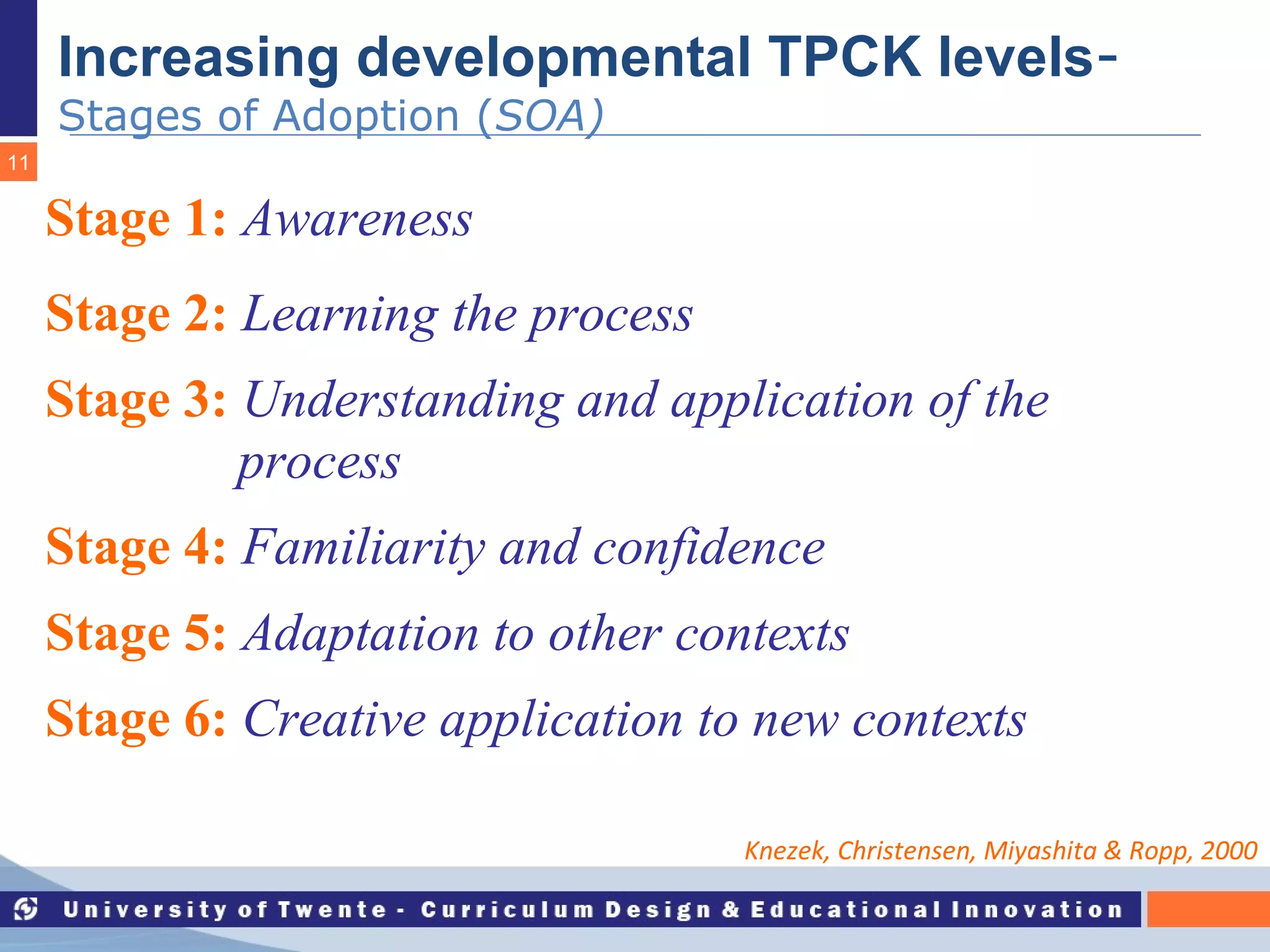 Increasing developmental TPCK levels - Stages of Adoption ( SOA)   Knezek, Christensen, Miyashita & Ropp, 2000 