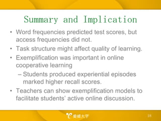 Relationships between Exemplification and Test ScoresStudents who produced Experiential Episodes in phase 2 scoredhigher recall performance.F (1, 50) = 10.51, p = .002						N	Mean	   SDExperiential 	Episodes	25	7.16	   .31Others 			27	5.78	   .3017
