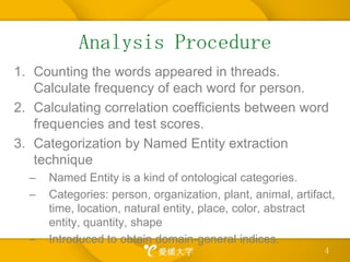 Analysis ProcedureCounting the words appeared in threads. Calculate frequency of each word for person.Calculating correlation coefficients between word frequencies and test scores.Categorization by Named Entity extraction techniqueNamed Entityis a kind of ontological categories.Categories: person, organization, plant, animal, artifact, time, location, natural entity, place, color, abstract entity, quantity, shapeIntroduced to obtain domain-general indices.4