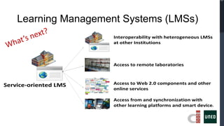Learning Management Systems (LMSs)
                       Interoperability with heterogeneous LMSs
                       at other Institutions



                       Access to remote laboratories



Service-oriented LMS   Access to Web 2.0 components and other
                       online services

                       Access from and synchronization with
                       other learning platforms and smart device   s
 
