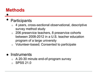 Methods
•
• Participants
o 4 years, cross-sectional observational, descriptive
survey method study
o 206 preservice teache...