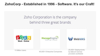 ZohoCorp - Established in 1996 - Software. It's our Craft!
13 Millon Users
90,000+ Enterprise Companies
25,000+ Deployment...