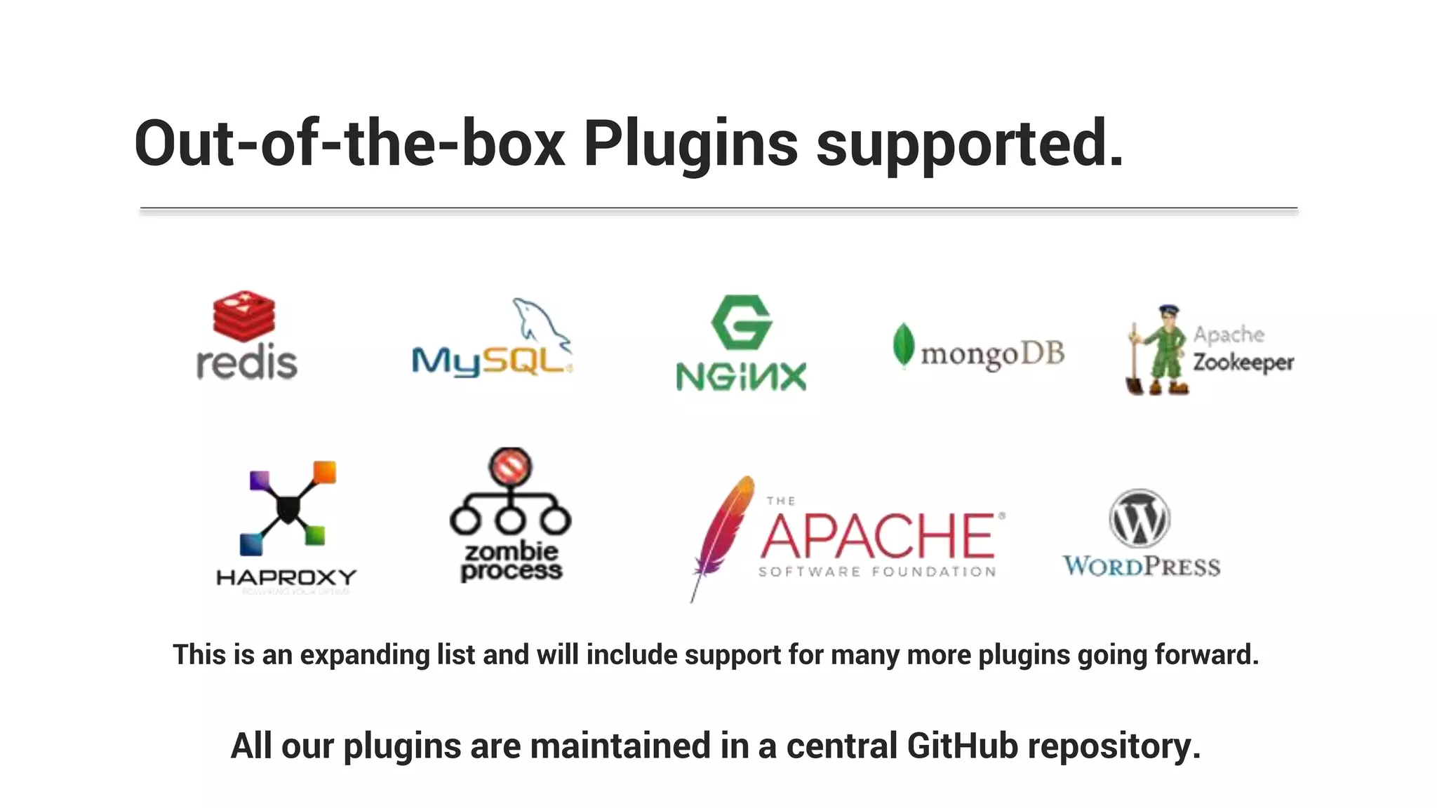 Out-of-the-box Plugins supported.
All our plugins are maintained in a central GitHub repository.
This is an expanding list and will include support for many more plugins going forward.
 