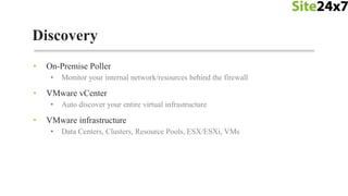• Visualize the vCenter infrastructure in a single view
• Data center, Cluster, ESX/ESXi hosts
• Performance Metrics
• CPU...