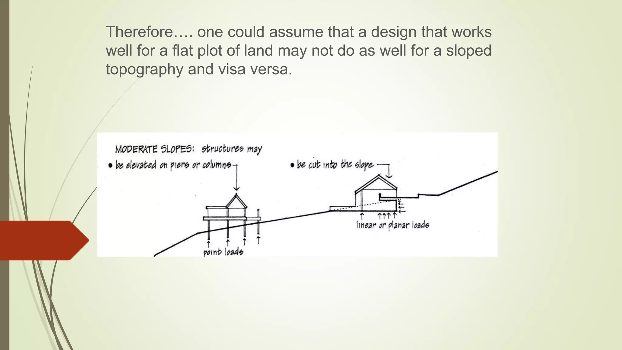 Therefore…. one could assume that a design that works
well for a flat plot of land may not do as well for a sloped
topography and visa versa.
 