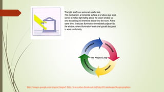 The light shelf is an extremely useful tool.
This mechanism, a horizontal surface at or above eye level,
serves to reflect light falling above the vision window up
onto the ceiling and therefore deeper into the room. At the
same time, it reduces illumination immediately adjacent to
the window, where illumination levels are typically too great
to work comfortably.
http://images.google.com/imgres?imgurl=http://www.afcee.brooks.af.mil/ldg/s01LandscapeDesign/graphics
 