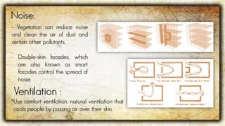 - Vegetation can reduce noise
and clean the air of dust and
certain other pollutants.
- Double-skin facades, which
are also known as smart
facades control the spread of
noise.
Ventilation :
Use comfort ventilation, natural ventilation that
cools people by passing air over their skin.
Noise:
 