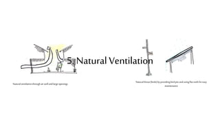 Naturalthreat(birds)byproviding birdpits andusing flatroofsforeasy
maintenance
Naturalventilationthroughairwell andlargeopenings
5. Natural Ventilation
 