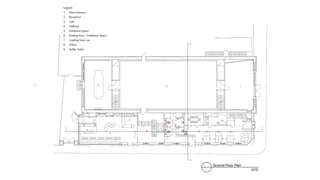 Legend:
1. MainEntrance
2. Reception
3. Cafe
4. Hallway
5. Exhibition Space
6. loading Area / Exhibition Space
7. Loading Area/ car
8. Office
9. Public Toilet
1
3
2
4
5 7
6
8
9C C
A
A
B
 