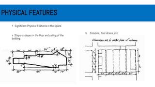 PHYSICAL FEATURES
• Significant Physical Features in the Space
a. Steps or slopes in the floor and ceiling of the
building
b. Columns, floor drains, etc.
 