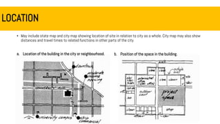 LOCATION
• May include state map and city map showing location of site in relation to city as a whole. City map may also show
distances and travel times to related functions in other parts of the city.
a. Location of the building in the city or neighbourhood. b. Position of the space in the building.
 
