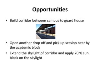 Opportunities
• Build corridor between campus to guard house
• Open another drop off and pick up session near by
the academic block
• Extend the skylight of corridor and apply 70 % sun
block on the skylight
 