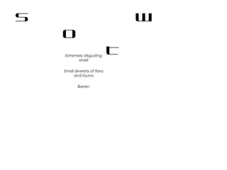 S W
O
TExtremely disgusting
smell
Small diversity of flora
and fauna
Barren
 