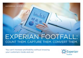 You can’t increase profitability without knowing
your customers inside and out
eXPeRIAN FOOTFALL:
COUNT THeM. CAPTURe THeM. CONVeRT THeM.
www.footfall.com + 44 (0) 121 711 4652
 