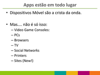 Apps estão em todo lugar
• Dispositivos Móvel são a crista da onda.

• Mas.... não é só isso:
  – Video Game Consoles:
  – PCs
  – Browsers
  – TV
  – Social Networks
  – Printers
  – Sites (New!)
 