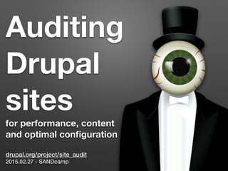 Auditing
Drupal
sites
for performance, content 
and optimal conﬁguration
drupal.org/project/site_audit
2015.02.27 - SANDcamp
 