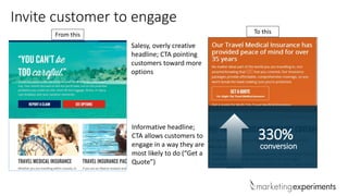 Invite customer to engage
Salesy, overly creative
headline; CTA pointing
customers toward more
options
From this To this
330%
conversion
Informative headline;
CTA allows customers to
engage in a way they are
most likely to do (“Get a
Quote”)
 