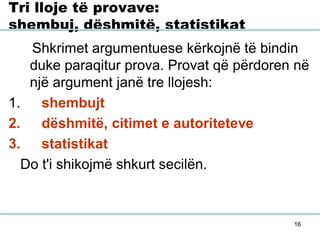 16
Tri lloje të provave:
shembuj, dëshmitë, statistikat
Shkrimet argumentuese kërkojnë të bindin
duke paraqitur prova. Provat që përdoren në
një argument janë tre llojesh:
1. shembujt
2. dëshmitë, citimet e autoriteteve
3. statistikat
Do t'i shikojmë shkurt secilën.
 