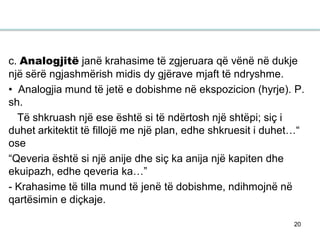 20
c. Analogjitë janë krahasime të zgjeruara që vënë në dukje
një sërë ngjashmërish midis dy gjërave mjaft të ndryshme.
• Analogjia mund të jetë e dobishme në ekspozicion (hyrje). P.
sh.
Të shkruash një ese është si të ndërtosh një shtëpi; siç i
duhet arkitektit të fillojë me një plan, edhe shkruesit i duhet…“
ose
“Qeveria është si një anije dhe siç ka anija një kapiten dhe
ekuipazh, edhe qeveria ka…”
- Krahasime të tilla mund të jenë të dobishme, ndihmojnë në
qartësimin e diçkaje.
 