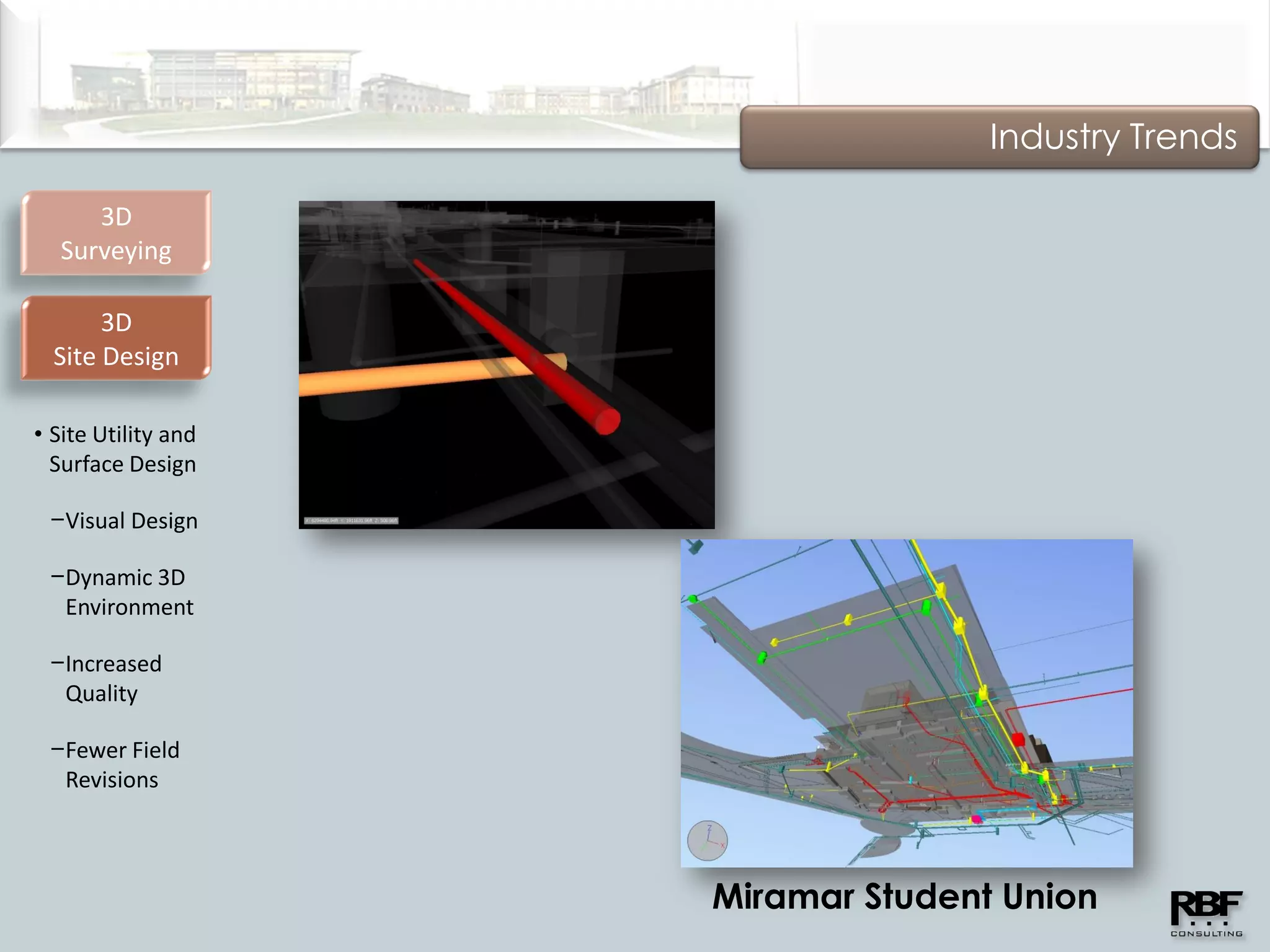 Industry Trends

     3D
  Surveying

       3D
  Site Design

• Site Utility and
  Surface Design

 −Visual Design

 −Dynamic 3D
  Environment

 −Increased
  Quality

 −Fewer Field
  Revisions



                     Miramar Student Union
 