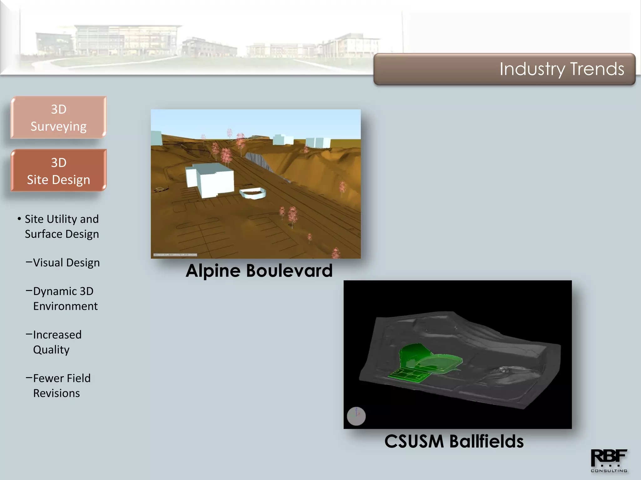 Industry Trends

     3D
  Surveying

       3D
  Site Design

• Site Utility and
  Surface Design

 −Visual Design
                     Alpine Boulevard
 −Dynamic 3D
  Environment

 −Increased
  Quality

 −Fewer Field
  Revisions



                                        CSUSM Ballfields
 