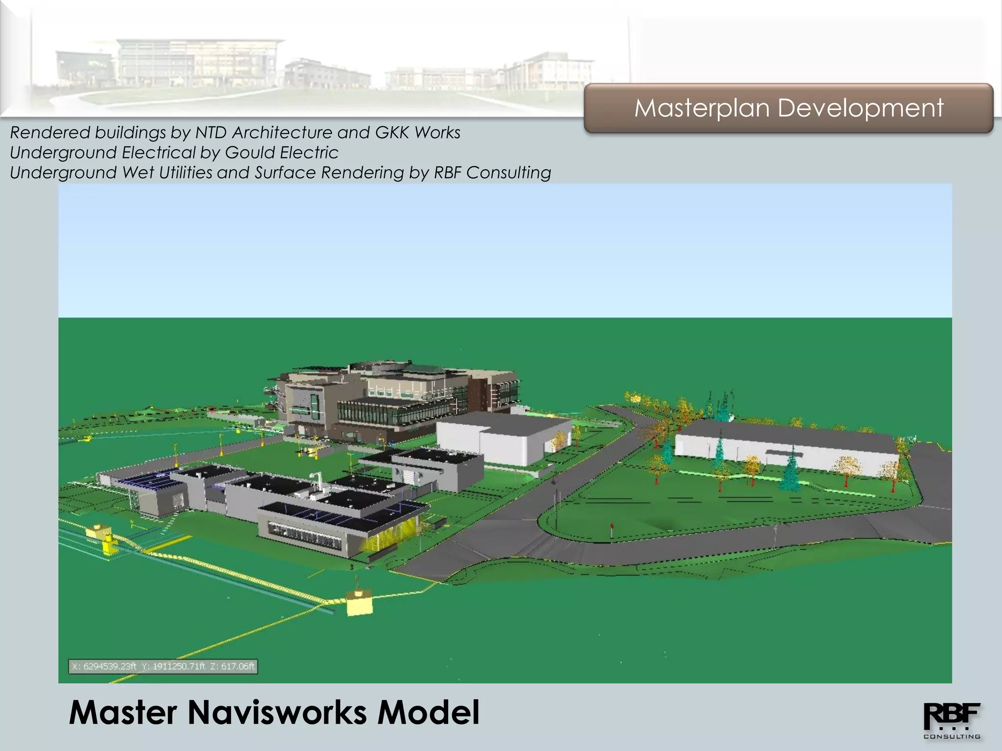 Masterplan Development
Rendered buildings by NTD Architecture and GKK Works
Underground Electrical by Gould Electric
Underground Wet Utilities and Surface Rendering by RBF Consulting




       Master Navisworks Model
 