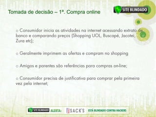 Tomada de decisão – 1ª. Compra onlineMotivosparacomprarMotivosparanãocomprar18%17%Mídia divulga diariamente informações sobre hackers, clonagens, fraudes de cartão de crédito, etc;30%17%10%4%4%