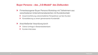 Buyer Persona – das „3-D-Modell“ des Zielkunden
Firmenbezogener Buyer Persona Workshop mit Teilnehmern aus
verschiedenen Unternehmensbereichen mit Kundenkontakt
Zusammenführung unterschiedlicher Perspektiven auf den Kunden
Konsolidierung zu einem gemeinsamen Kundenbild
Anschließende Verprobung durch
Online-Umfrage in Bestandsdatenbank
Kunden-Interviews
SiteBoosters11
 