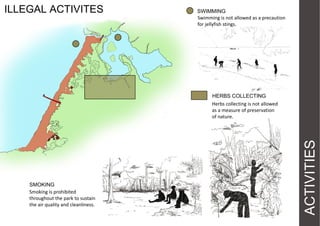ILLEGAL ACTIVITES

SWIMMING
Swimming is not allowed as a precaution
for jellyfish stings.

SMOKING
Smoking is prohibited
throughout the park to sustain
the air quality and cleanliness.

ACTIVITIES

HERBS COLLECTING
Herbs collecting is not allowed
as a measure of preservation
of nature.

 