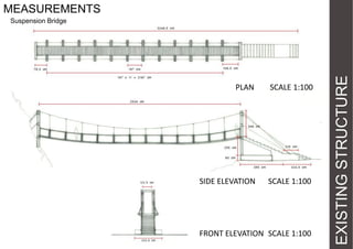 MEASUREMENTS

PLAN

SCALE 1:100

SIDE ELEVATION

SCALE 1:100

FRONT ELEVATION SCALE 1:100

EXISTING STRUCTURE

Suspension Bridge

 
