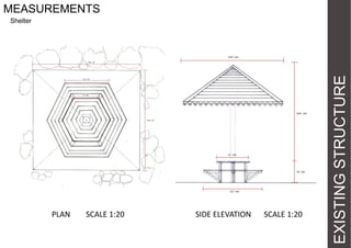 MEASUREMENTS

PLAN

SCALE 1:20

SIDE ELEVATION

SCALE 1:20

EXISTING STRUCTURE

Shelter

 