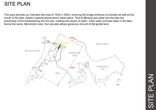 SITEPLAN
SITE PLAN
This area denotes our intended site area of 100m x 200m, ensuring the bridge entrance is included as well as the
mouth of the lake, where a special phenomenon takes place. That of allowing sea water into the lake but
preventing it from backwashing into the sea, creating two layers of water ; fresh water and sea water in the lake,
hence the name, Meromictic Lake. Our site also allows generous amount of flat gentle land.
MALACCA STRAIT
MEROMICTIC
LAKE
BRIDGE
BEACH FOREST
LAND
MEROMICTIC
LAKE
BEACH 200m
100m
 