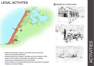ACTIVITIES
LEGAL ACTIVITES BARBECUE & PICNIC AREA
- Barbecuing normally happens in the afternoon and evening.
- Food is not provided by the park.
- Besides barbecuing, camping is available with the limitation of 100
visitors at the campsite. No charges are applied for camping.
- Cooking and camping facilities are not provided.
- These activities are mostly preferred by locals, especially during public
holidays and school holidays.
 