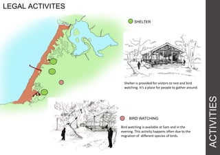 ACTIVITIES
LEGAL ACTIVITES
SHELTER
Shelter is provided for visitors to rest and bird
watching. It’s a place for people to gather around.
Bird watching is available at 5am and in the
evening. This activity happens often due to the
migration of different species of birds.
BIRD WATCHING
 