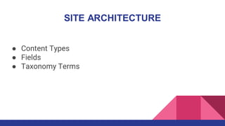 SITE ARCHITECTURE
● Content Types
● Fields
● Taxonomy Terms