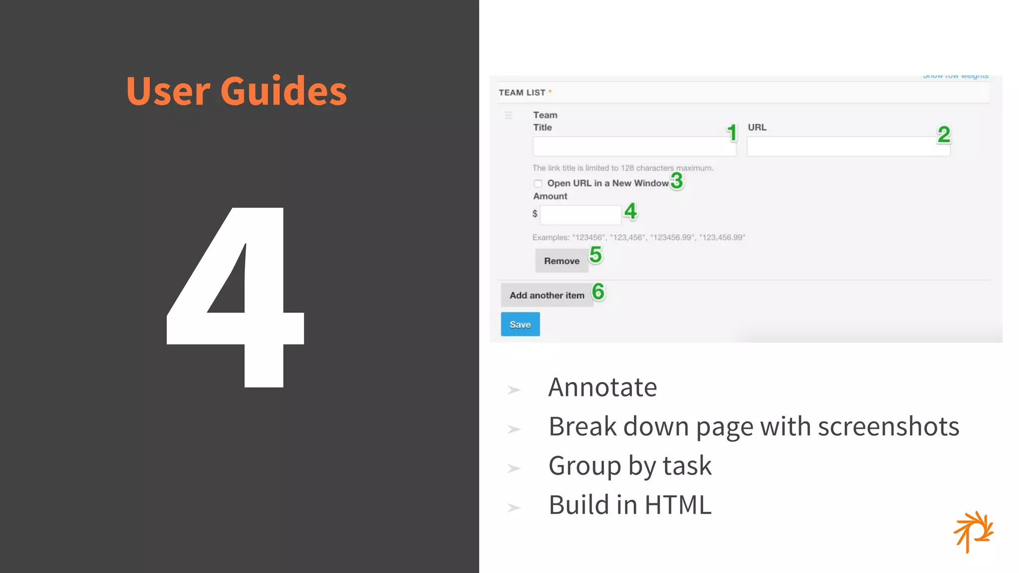 © 2015 Phase2
➤ Annotate
➤ Break down page with screenshots
➤ Group by task
➤ Build in HTML
4
User Guides
 