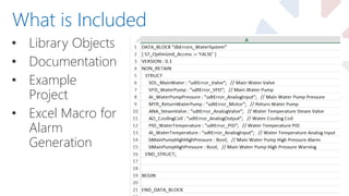 • Library Objects
• Documentation
• Example
Project
• Excel Macro for
Alarm
Generation
What is Included
 