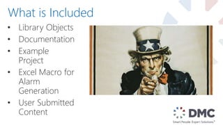 • Library Objects
• Documentation
• Example
Project
• Excel Macro for
Alarm
Generation
• User Submitted
Content
What is Included
 