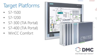 • S7-1500
• S7-1200
• S7-300 (TIA Portal)
• S7-400 (TIA Portal)
• WinCC Comfort
Target Platforms
 