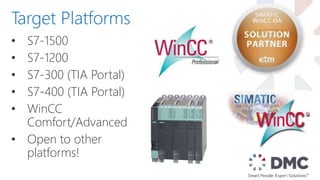 • S7-1500
• S7-1200
• S7-300 (TIA Portal)
• S7-400 (TIA Portal)
• WinCC
Comfort/Advanced
• Open to other
platforms!
Target Platforms
 