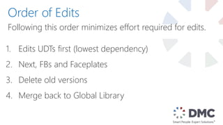 Following this order minimizes effort required for edits.
Order of Edits
1. Edits UDTs first (lowest dependency)
2. Next, FBs and Faceplates
3. Delete old versions
4. Merge back to Global Library
 