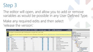 The editor will open, and allow you to add or remove
variables as would be possible in any User Defined Type.
Step 3
Make any required edits and then select
‘release the version.’
 