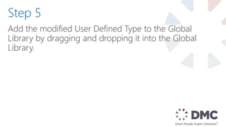 Add the modified User Defined Type to the Global
Library by dragging and dropping it into the Global
Library.
Step 5
 